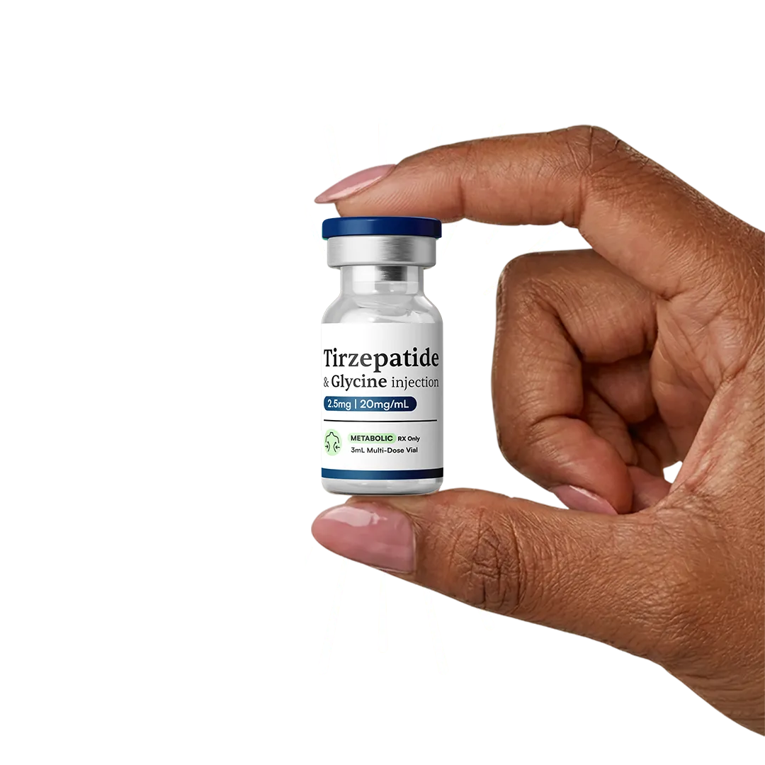 Hand holding NewSelf Tirzepatide Plus compounded GLP-1 GIP injection vial